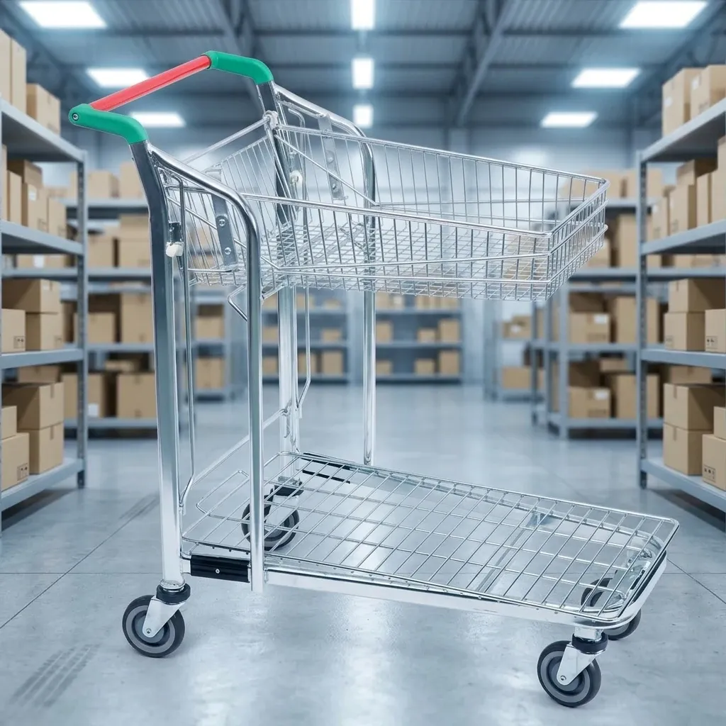 Heavy Duty Plastic Steel Mesh 2-Layer Folding Cart