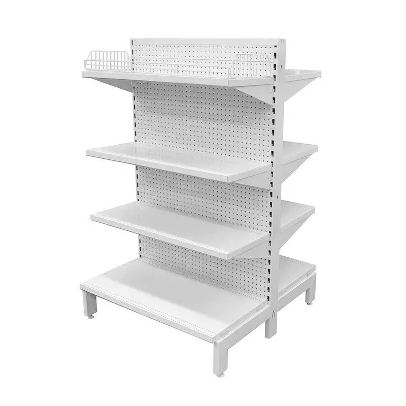 Double sided metal gondola shelving bay with four adjustable shelf levels and a base deck