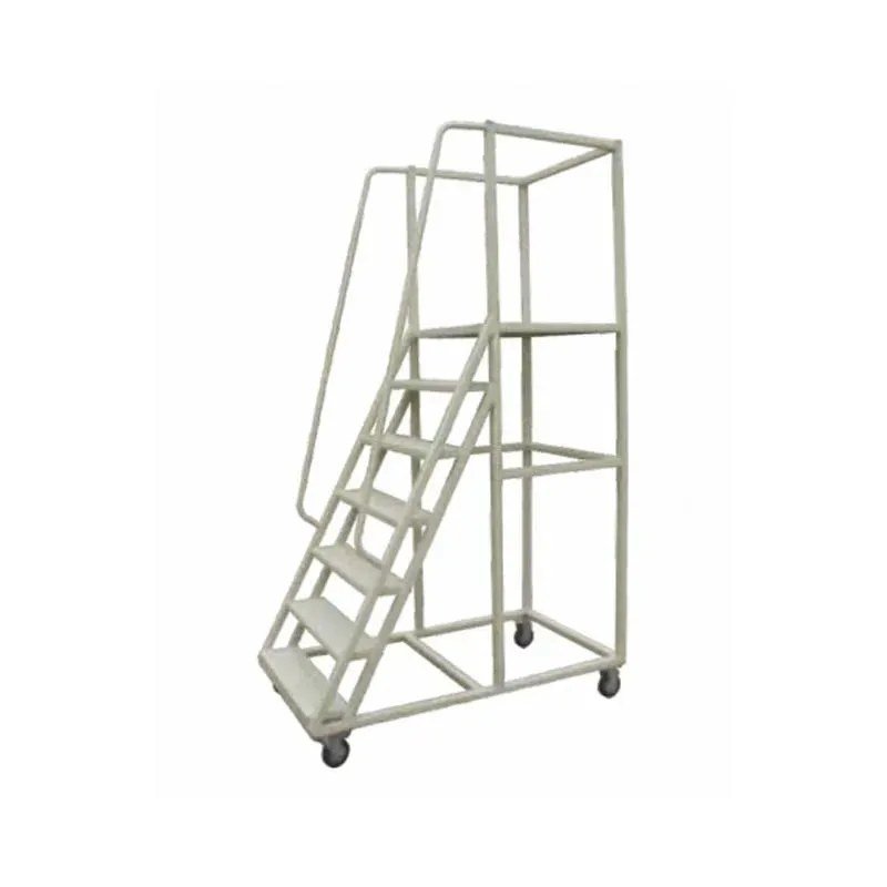 Six step rolling steel platform ladder with handrails and a flat top standing platform