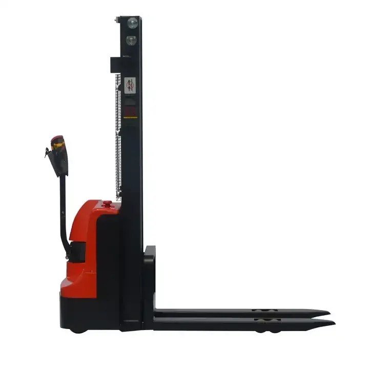 Electric stacker truck with two stage mast and 1,150 mm forks on a white background