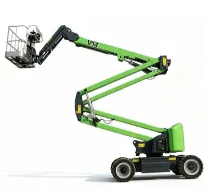 Self propelled electric articulated boom lift with the boom raised and the platform extended